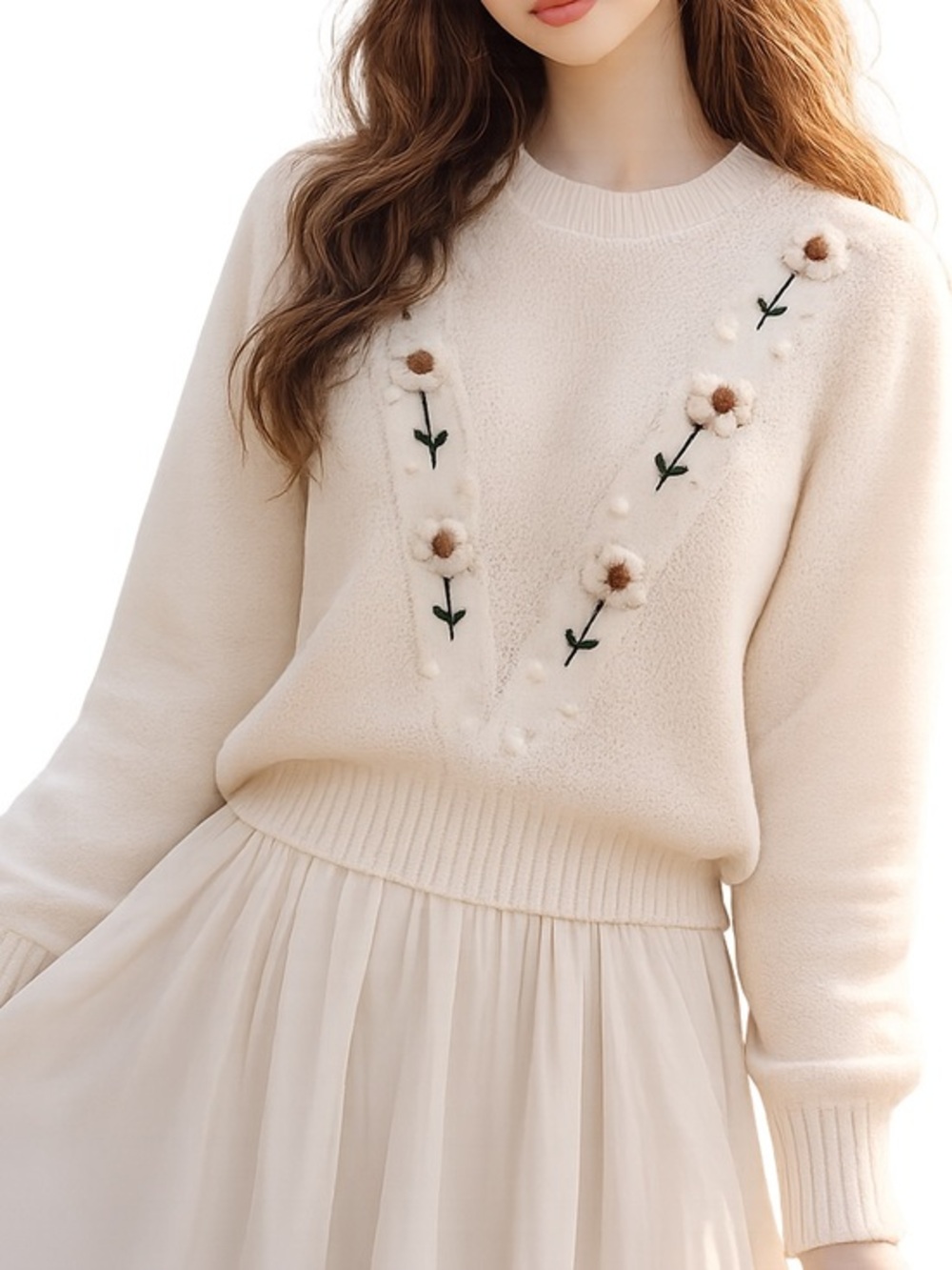 Nancy Yang Floral Appliqué cottage core Knit Sweater – Cream